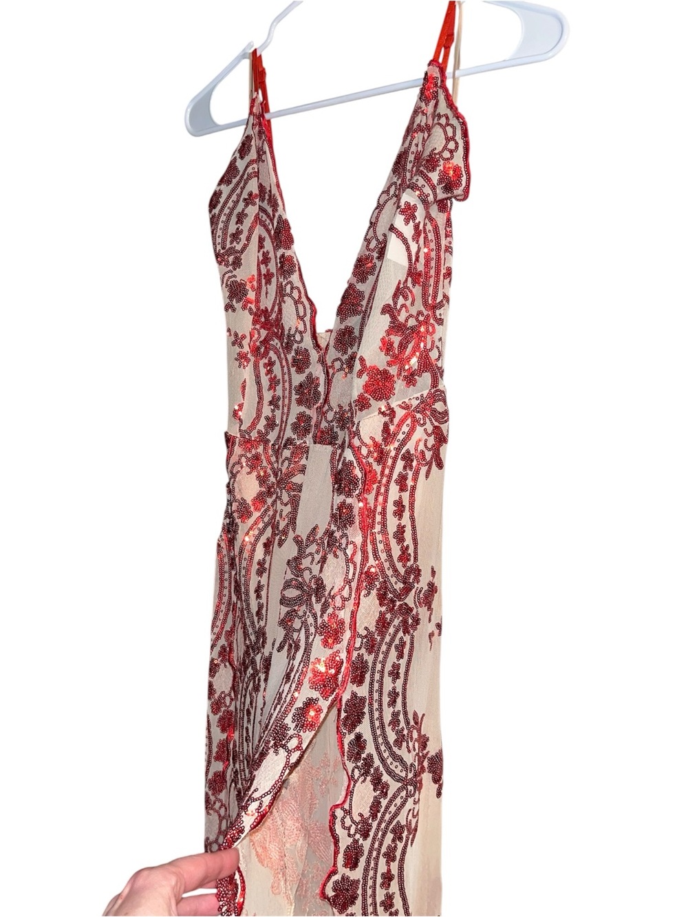 NWT Banjul Sheer Cream with Red Sequin Floral Open Wide-Leg Jumpsuit Size L - Picture 8 of 11